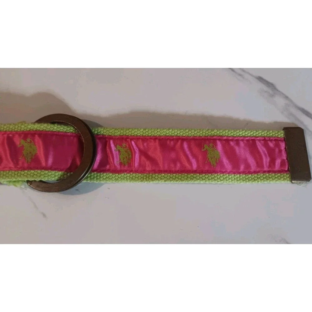 US Polo Assn.  Girls D-Ring Belt Pink Grosgrain Fabric Neon Green Polo Pony 28